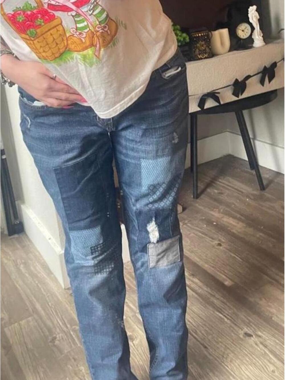 Old Navy Women's Boyfriend Skinny Jeans Size 8 Blue White Patchwork Distressed